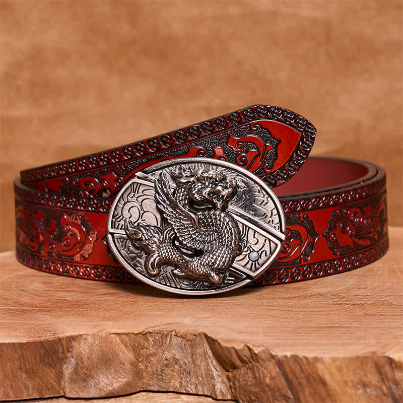 Men's DIY Flying Dragon Hidden Folding Knife Leather Belt - Flying Dragon - Brown Carved Belt (40) - 42 - image 5