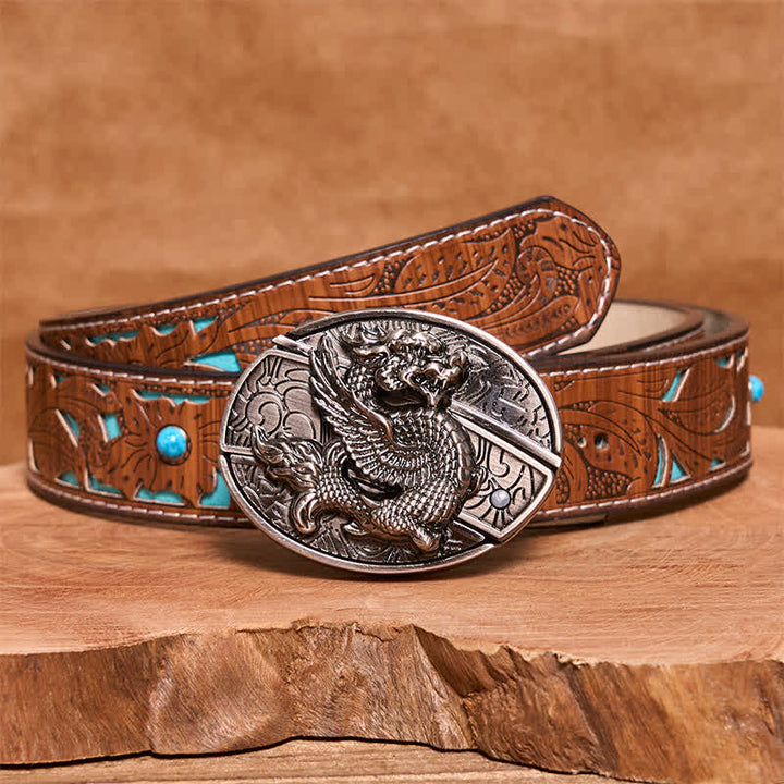 Men's DIY Flying Dragon Hidden Folding Knife Leather Belt - Flying Dragon - Turquoise Carved Belt - 42 - image 6