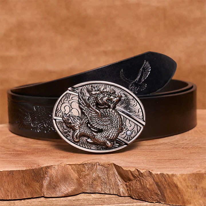 Men's DIY Flying Dragon Hidden Folding Knife Leather Belt - Flying Dragon - Black Embossed Eagle Belt - 42 - image 7