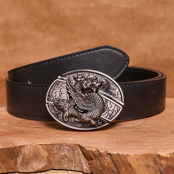 Men's DIY Flying Dragon Hidden Folding Knife Leather Belt