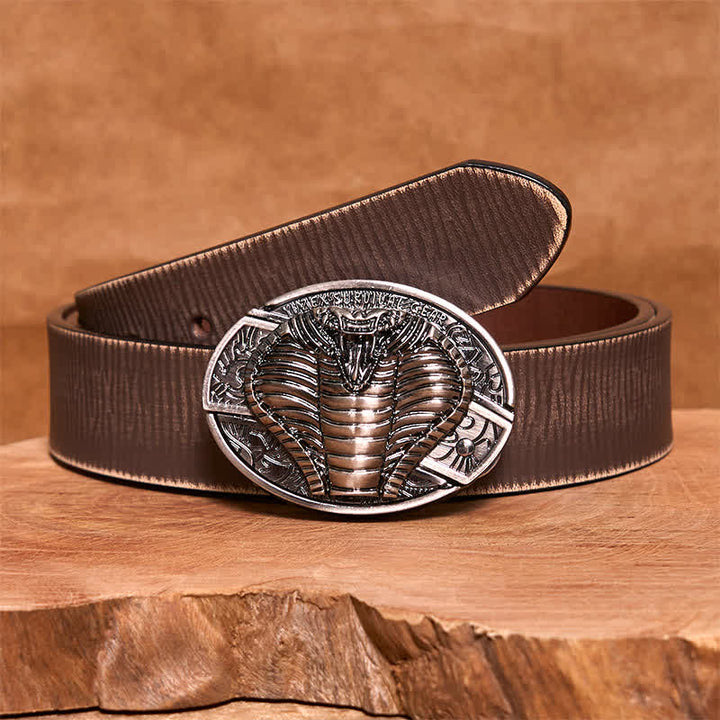 Men's DIY Venomous Cobra Hidden Folding Knife Leather Belt - Cobra - Brown Distressed Belt - 42 - image 8