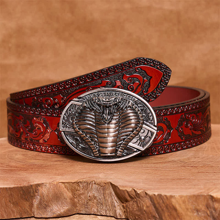 Men's DIY Venomous Cobra Hidden Folding Knife Leather Belt - Cobra - Brown Carved Belt - 42 - image 5
