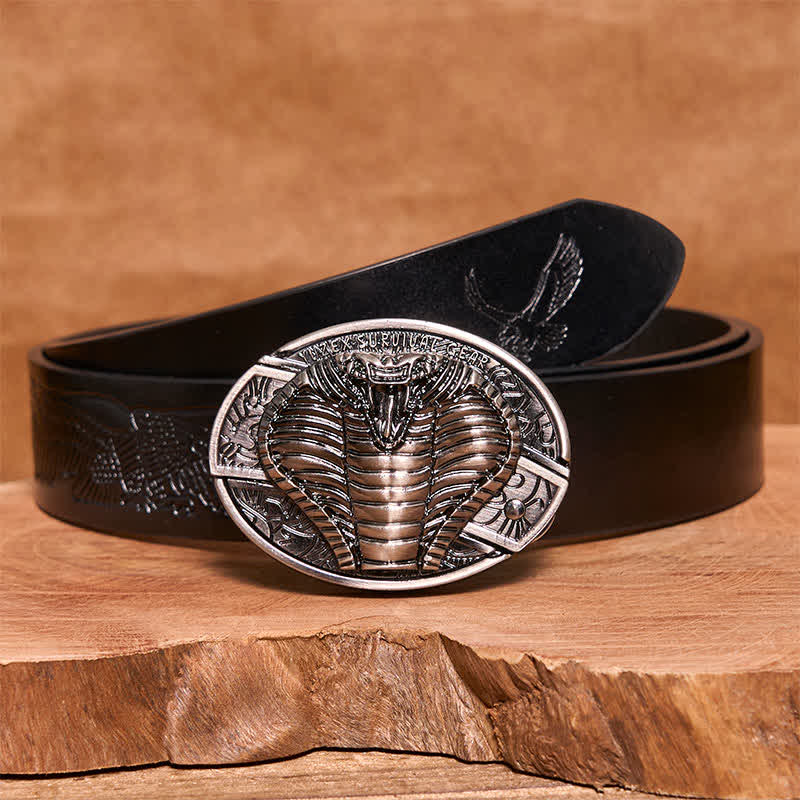 Men's DIY Venomous Cobra Hidden Folding Knife Leather Belt - Cobra - Black Embossed Eagle Belt - 42 - image 7