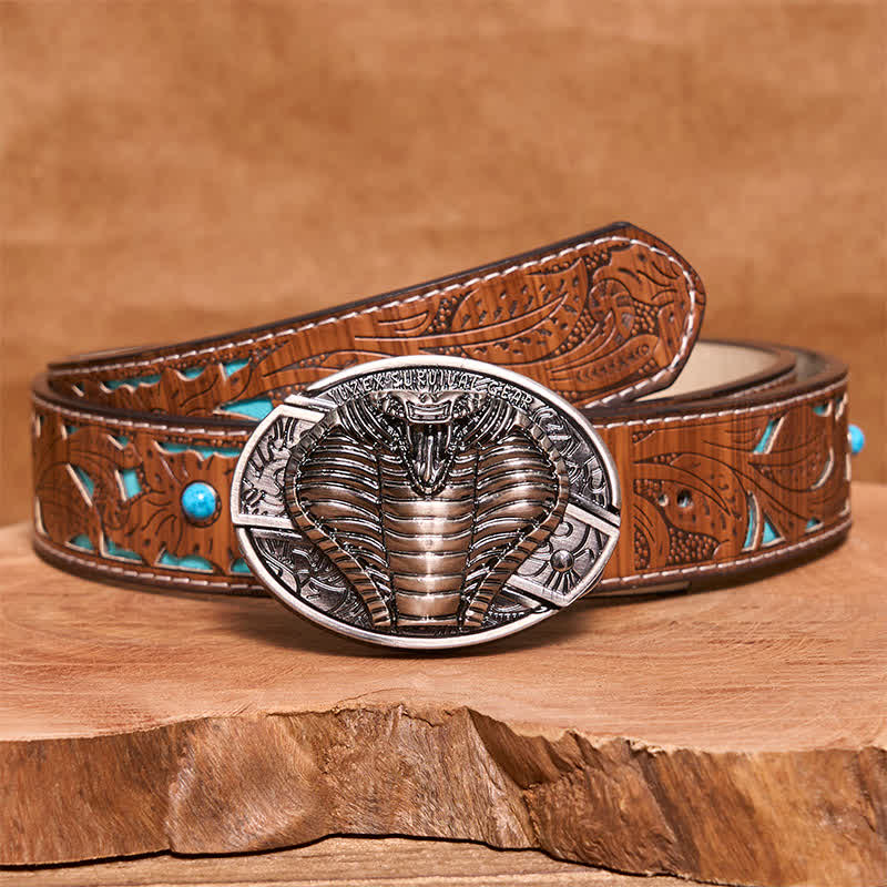 Men's DIY Venomous Cobra Hidden Folding Knife Leather Belt - Cobra - Turquoise Carved Belt - 42 - image 6