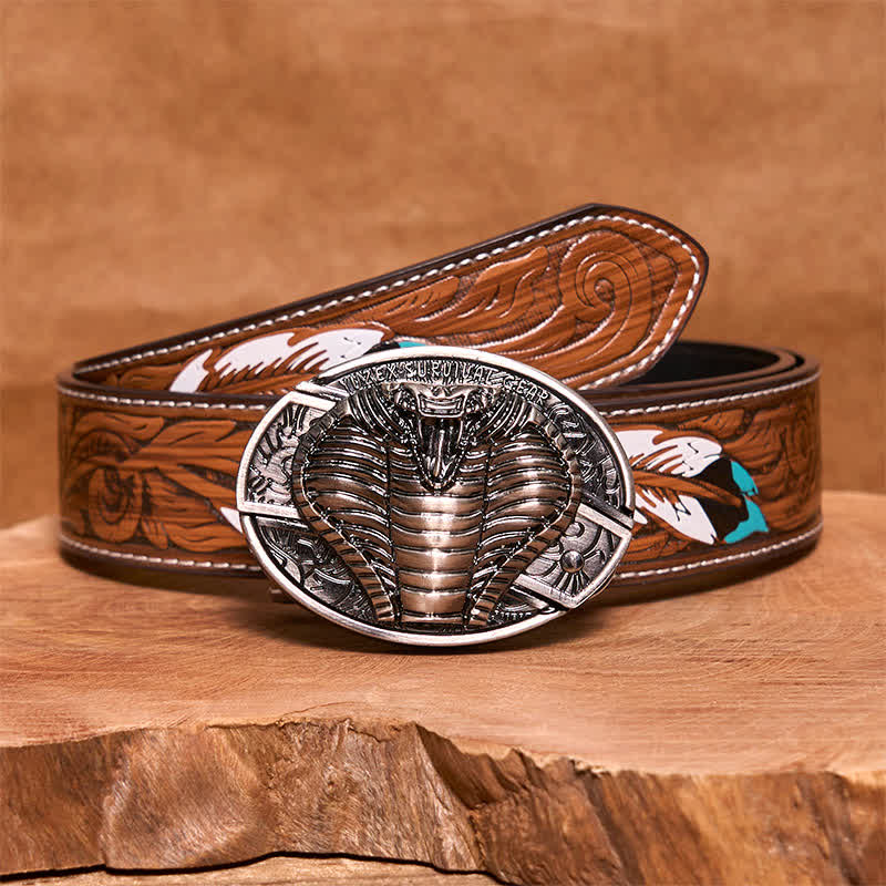 Men's DIY Venomous Cobra Hidden Folding Knife Leather Belt