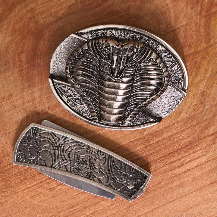 Men's DIY Venomous Cobra Hidden Folding Knife Leather Belt