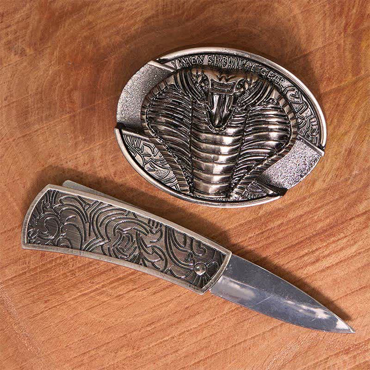 Men's DIY Venomous Cobra Hidden Folding Knife Leather Belt