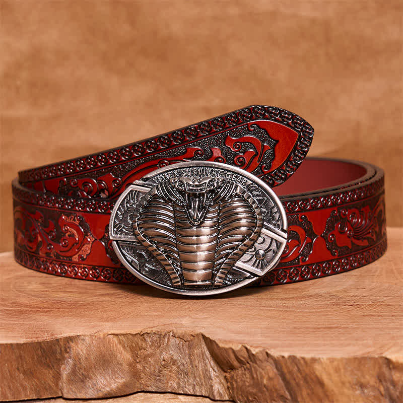 Men's DIY Venomous Cobra Hidden Folding Knife Leather Belt - Cobra - Brown Carved Belt - 42 - image 5