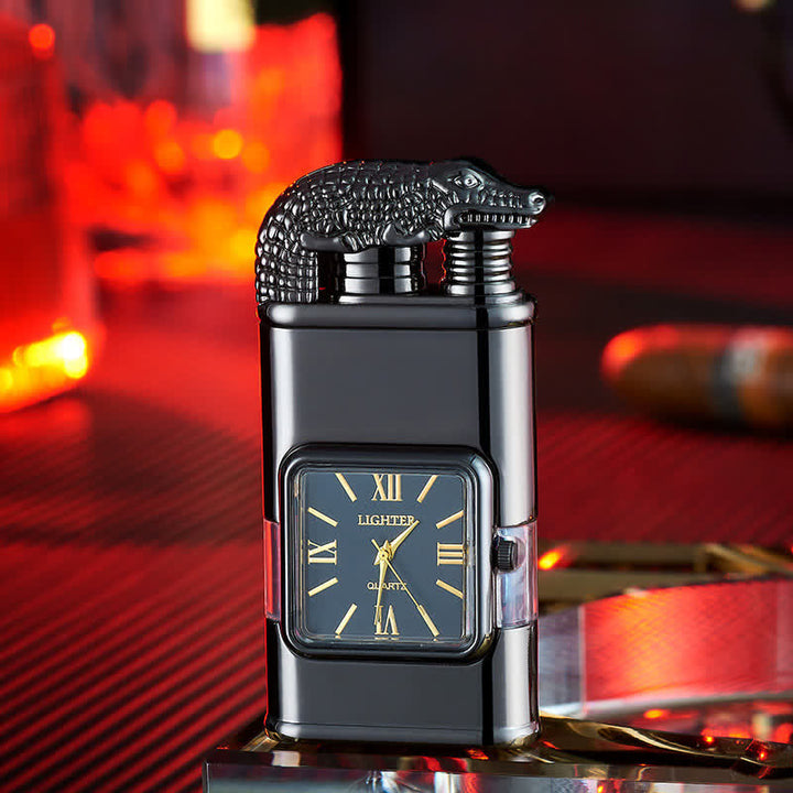Crocodile Design Refillable Double Flame Butane Lighter With Clock