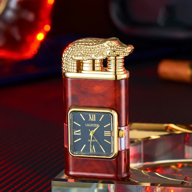 Crocodile Design Refillable Double Flame Butane Lighter With Clock - Red Wood Pattern - image 8