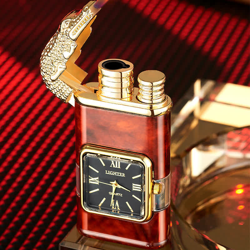 Crocodile Design Refillable Double Flame Butane Lighter With Clock