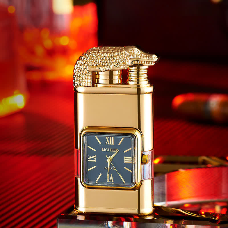 Crocodile Design Refillable Double Flame Butane Lighter With Clock