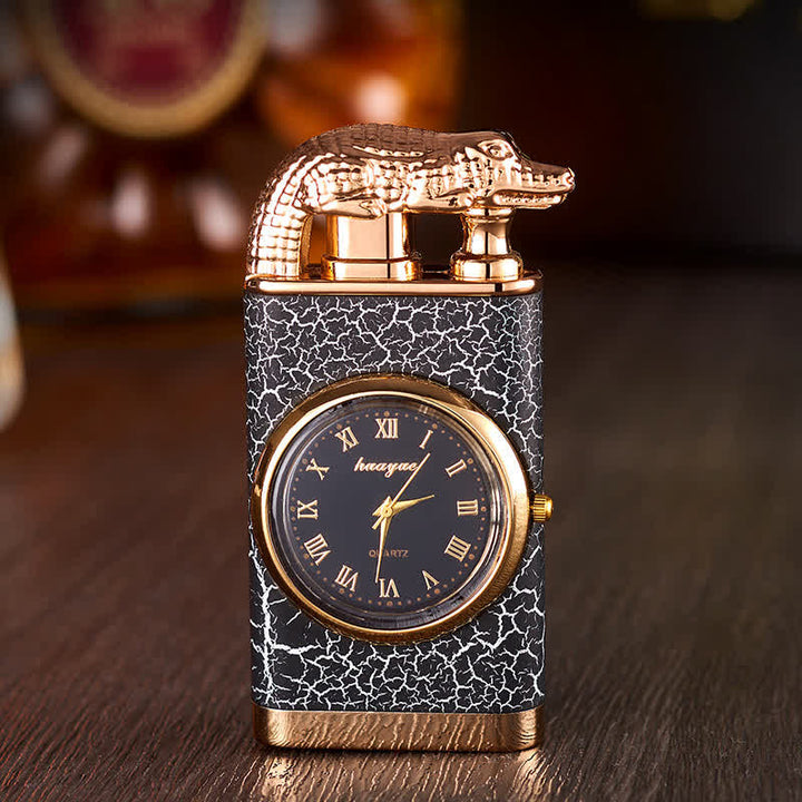 Alligato Design Refillable Double Flame Butane Lighter With Clock - Black Pattern - image 0