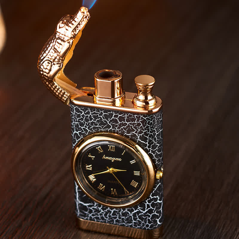 Alligato Design Refillable Double Flame Butane Lighter With Clock