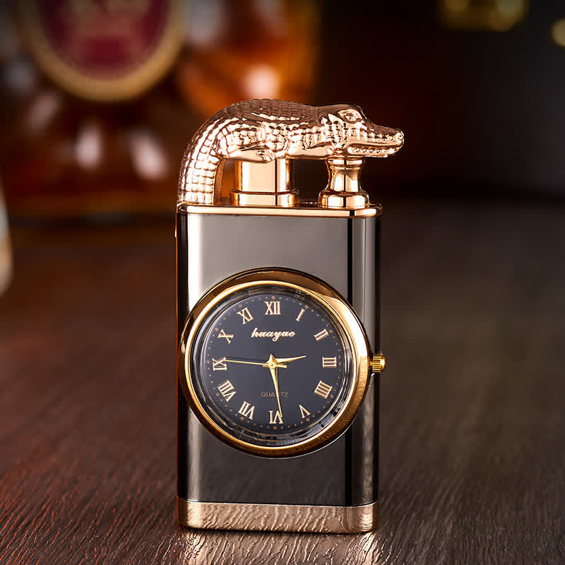 Alligato Design Refillable Double Flame Butane Lighter With Clock