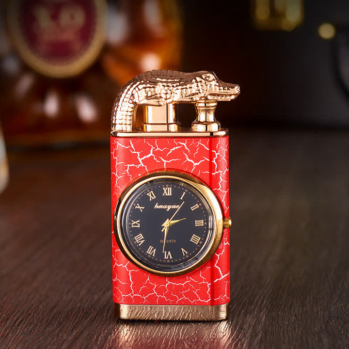 Alligato Design Refillable Double Flame Butane Lighter With Clock - Red Pattern - image 12
