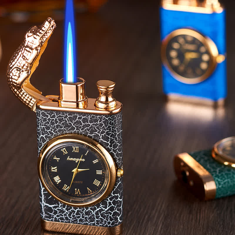 Alligato Design Refillable Double Flame Butane Lighter With Clock