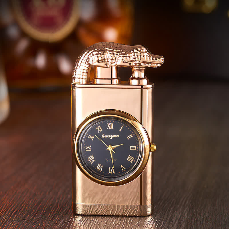 Alligato Design Refillable Double Flame Butane Lighter With Clock