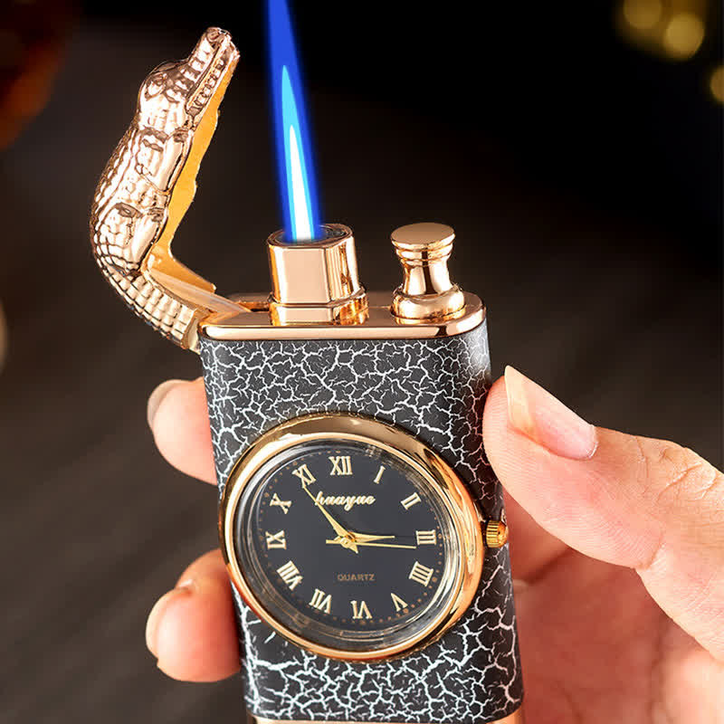 Alligato Design Refillable Double Flame Butane Lighter With Clock