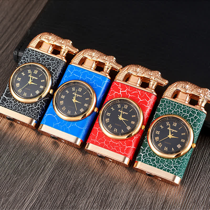 Alligato Design Refillable Double Flame Butane Lighter With Clock