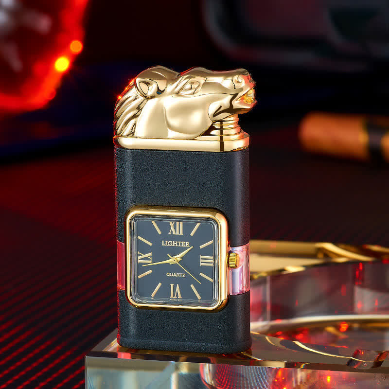 Horse Design Refillable Double Flame Butane Lighter With Clock