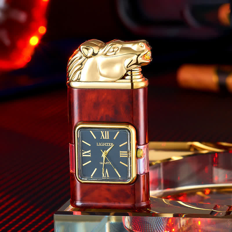 Horse Design Refillable Double Flame Butane Lighter With Clock