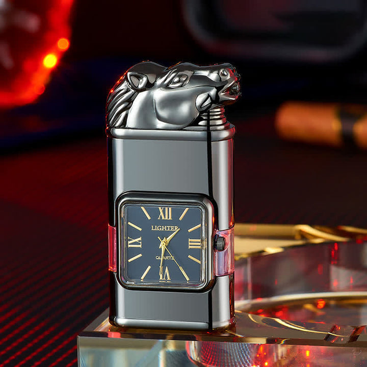 Horse Design Refillable Double Flame Butane Lighter With Clock