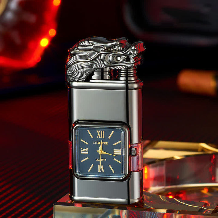 Dragon Design Refillable Double Flame Butane Lighter With Clock