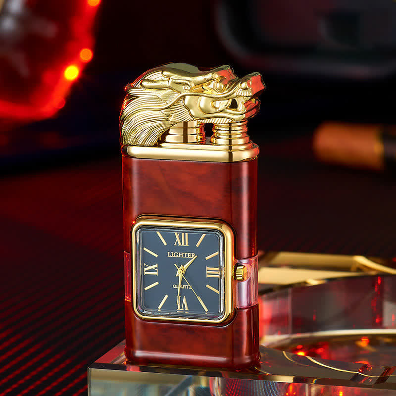 Dragon Design Refillable Double Flame Butane Lighter With Clock