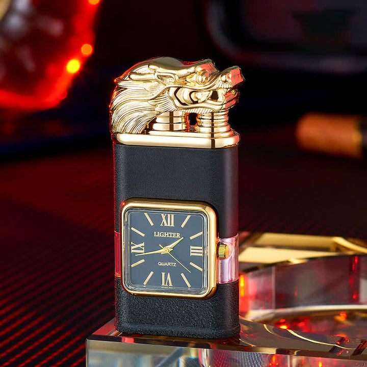 Dragon Design Refillable Double Flame Butane Lighter With Clock - Matte Black - image 1