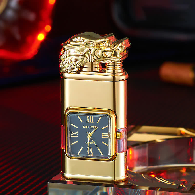 Dragon Design Refillable Double Flame Butane Lighter With Clock