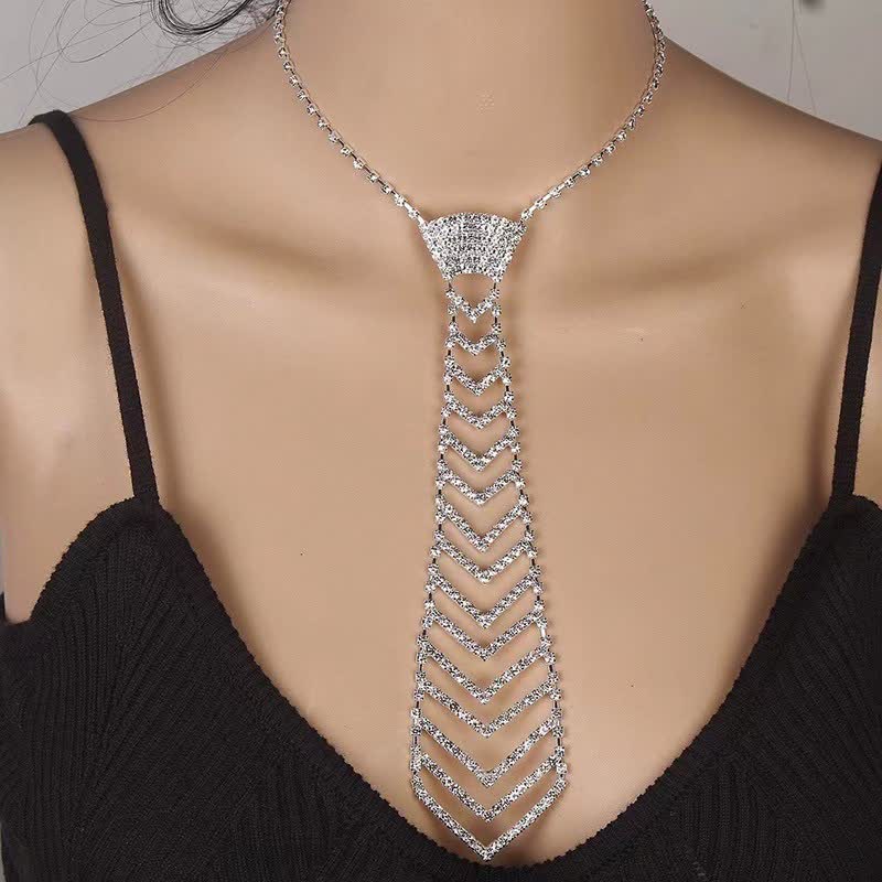 Striped Shape Crystal Rhinestone Creative Necktie Necklace