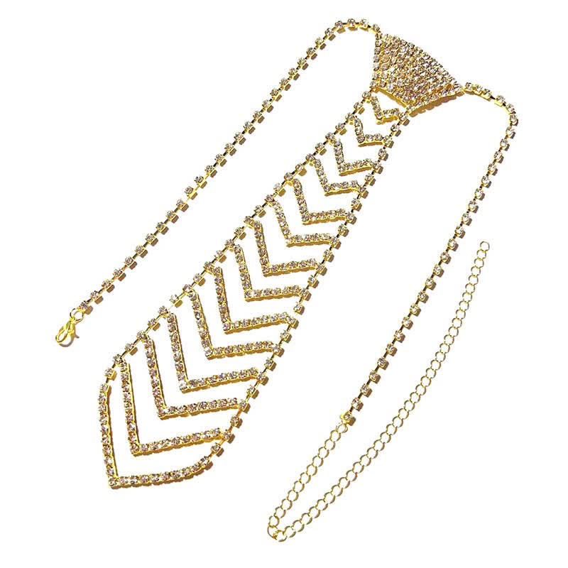 Striped Shape Crystal Rhinestone Creative Necktie Necklace - Gold - image 6