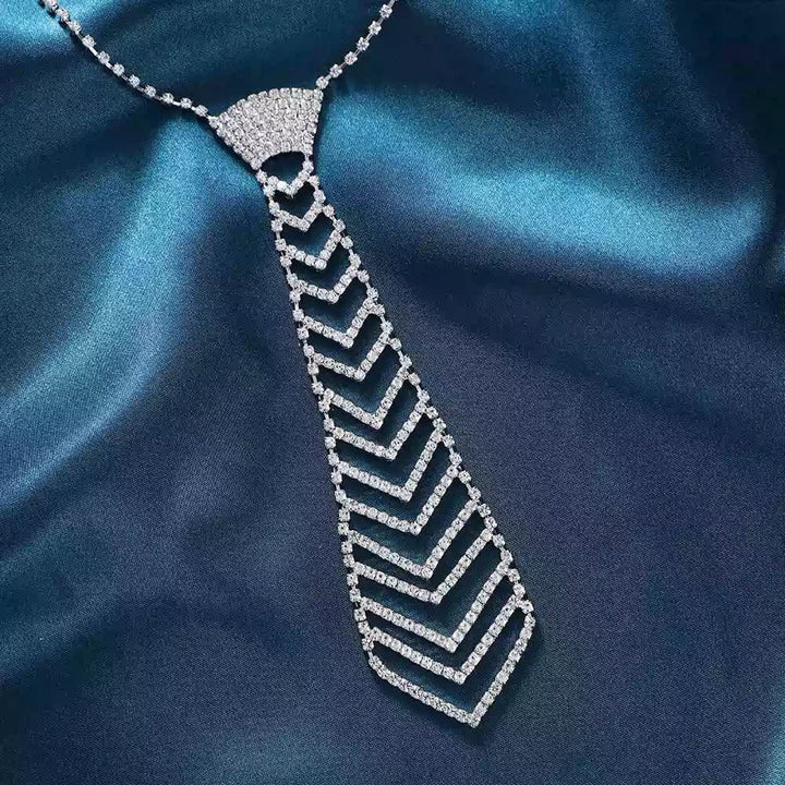 Striped Shape Crystal Rhinestone Creative Necktie Necklace - Silver - image 0