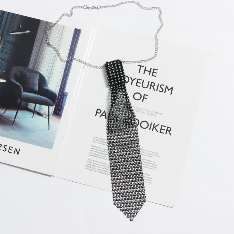 Ultra-Shiny Rhinstones Creative Necktie Necklace - Black - image 1