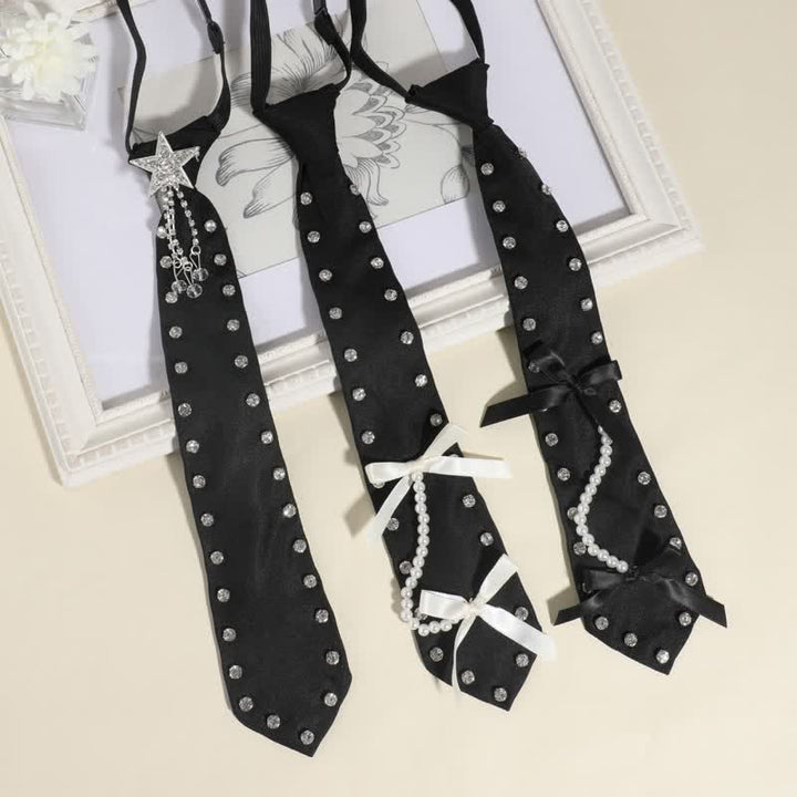 Black Rhinestone Studded Creative Pre-tie Necktie