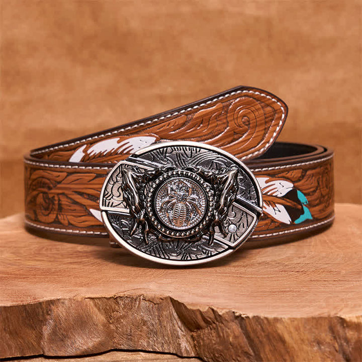 Men's DIY Rotating Spider Hidden Folding Knife Leather Belt - Rotating Spider - Brown Feather Belt - 40 - image 9