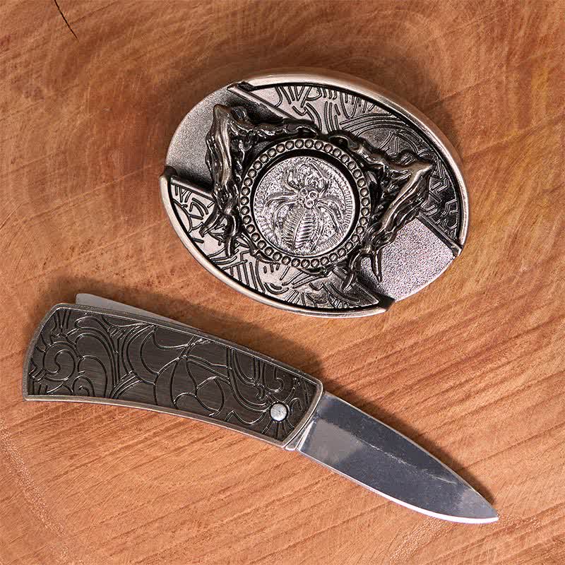 Men's DIY Rotating Spider Hidden Folding Knife Leather Belt