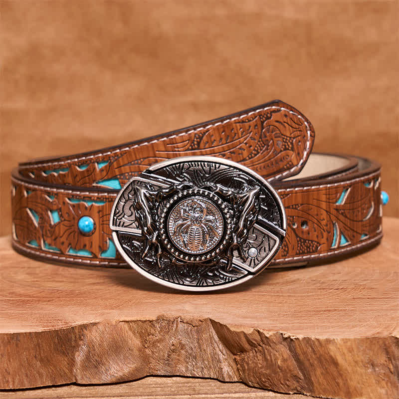 Men's DIY Rotating Spider Hidden Folding Knife Leather Belt - Rotating Spider - Turquoise Carved Belt - 42 - image 6