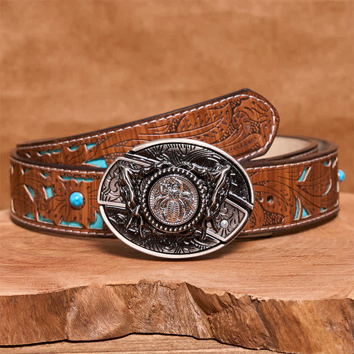 Men's DIY Rotating Spider Hidden Folding Knife Leather Belt - Rotating Spider - Turquoise Carved Belt - 42 - image 6