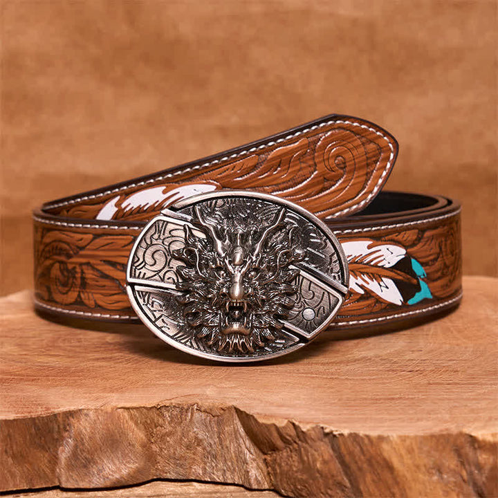 Men's DIY Brave Dragon Hidden Folding Knife Leather Belt - Dragon - Brown Feather Belt - 40 - image 9