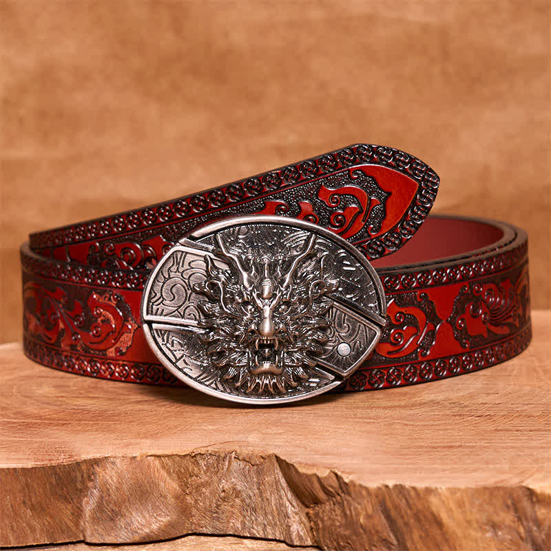 Men's DIY Brave Dragon Hidden Folding Knife Leather Belt - Dragon - Brown Carved Belt - 42 - image 5