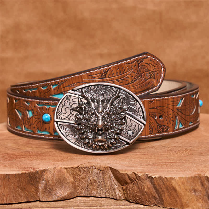 Men's DIY Brave Dragon Hidden Folding Knife Leather Belt - Dragon - Turquoise Carved Belt - 42 - image 6