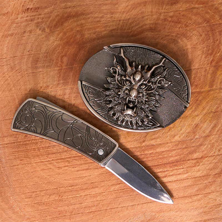 Men's DIY Brave Dragon Hidden Folding Knife Leather Belt