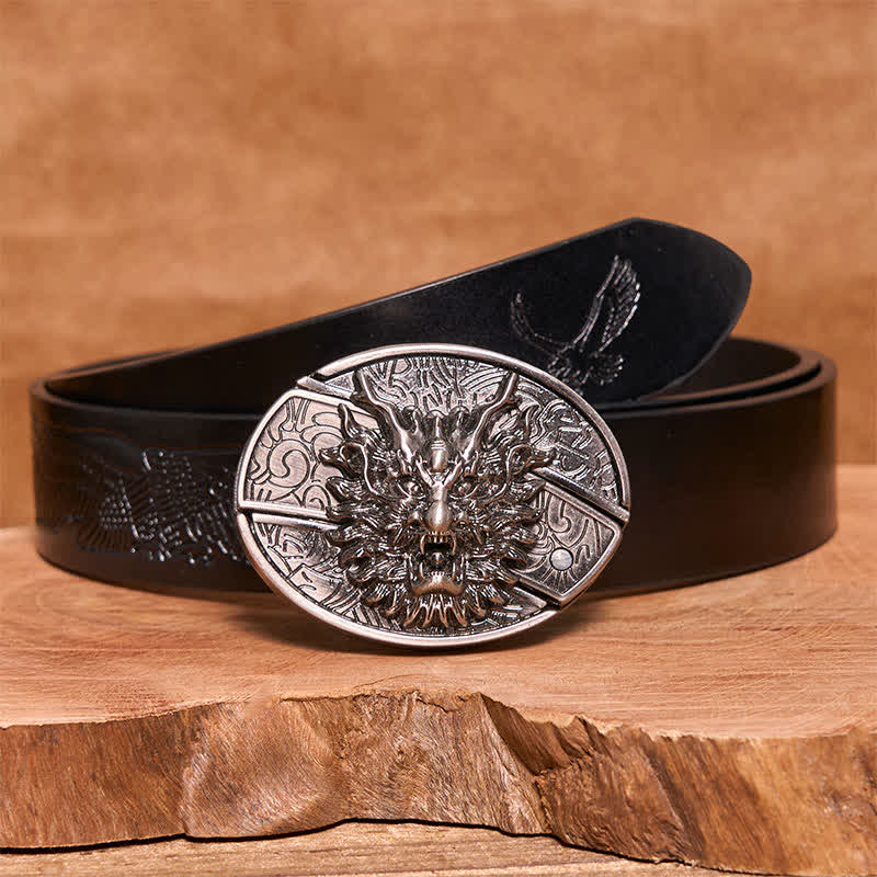 Men's DIY Brave Dragon Hidden Folding Knife Leather Belt - Dragon - Black Embossed Eagle Belt - 42 - image 7
