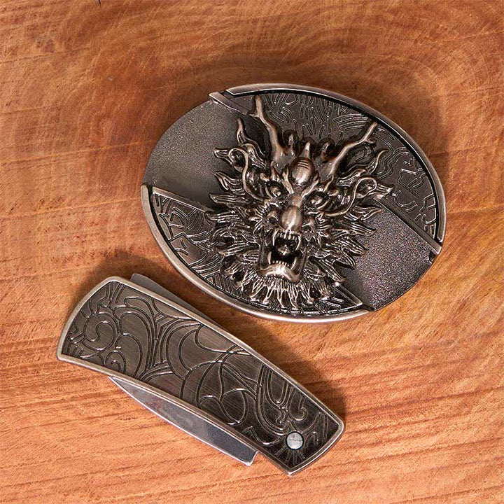 Men's DIY Brave Dragon Hidden Folding Knife Leather Belt
