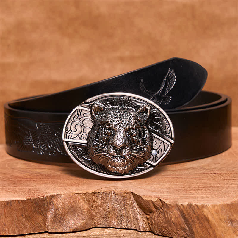Men's DIY Leopard Head Hidden Folding Knife Leather Belt - Leopard Head - Black Embossed Eagle Belt - 42 - image 7