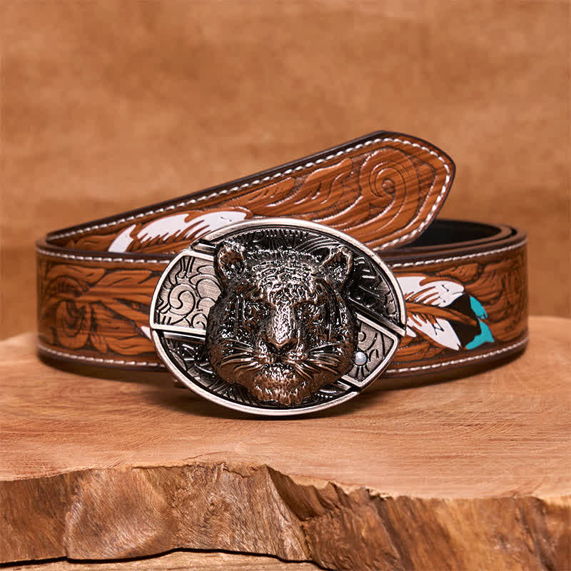 Men's DIY Leopard Head Hidden Folding Knife Leather Belt - Leopard Head - Brown Feather Belt - 40 - image 9
