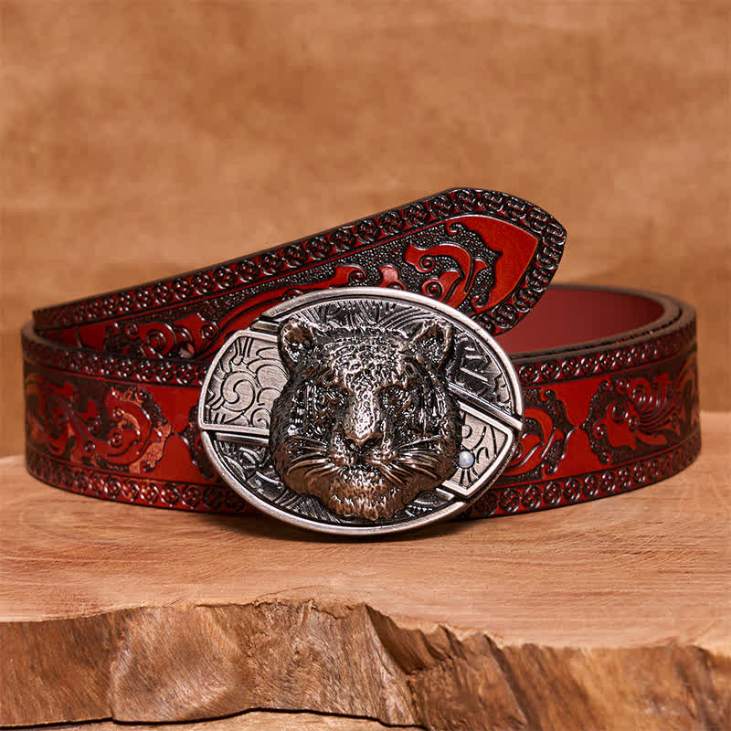 Men's DIY Leopard Head Hidden Folding Knife Leather Belt - Leopard Head - Brown Carved Belt - 42 - image 5