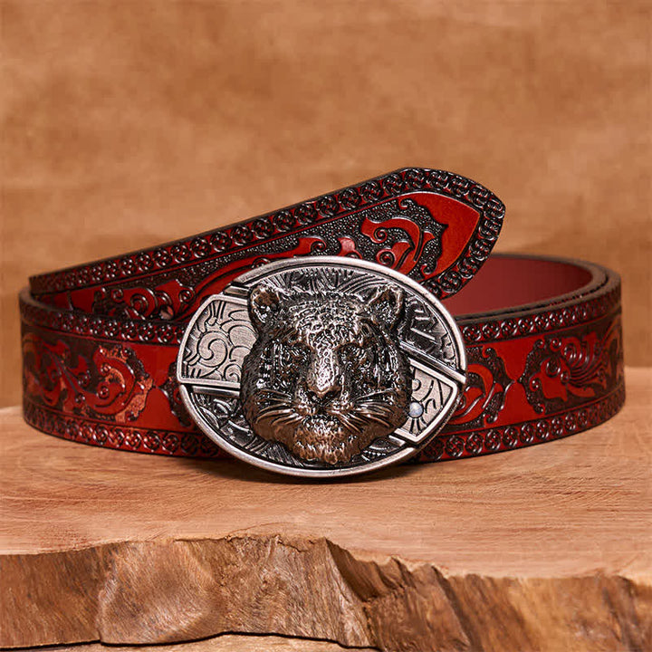 Men's DIY Leopard Head Hidden Folding Knife Leather Belt - Leopard Head - Brown Carved Belt - 42 - image 5